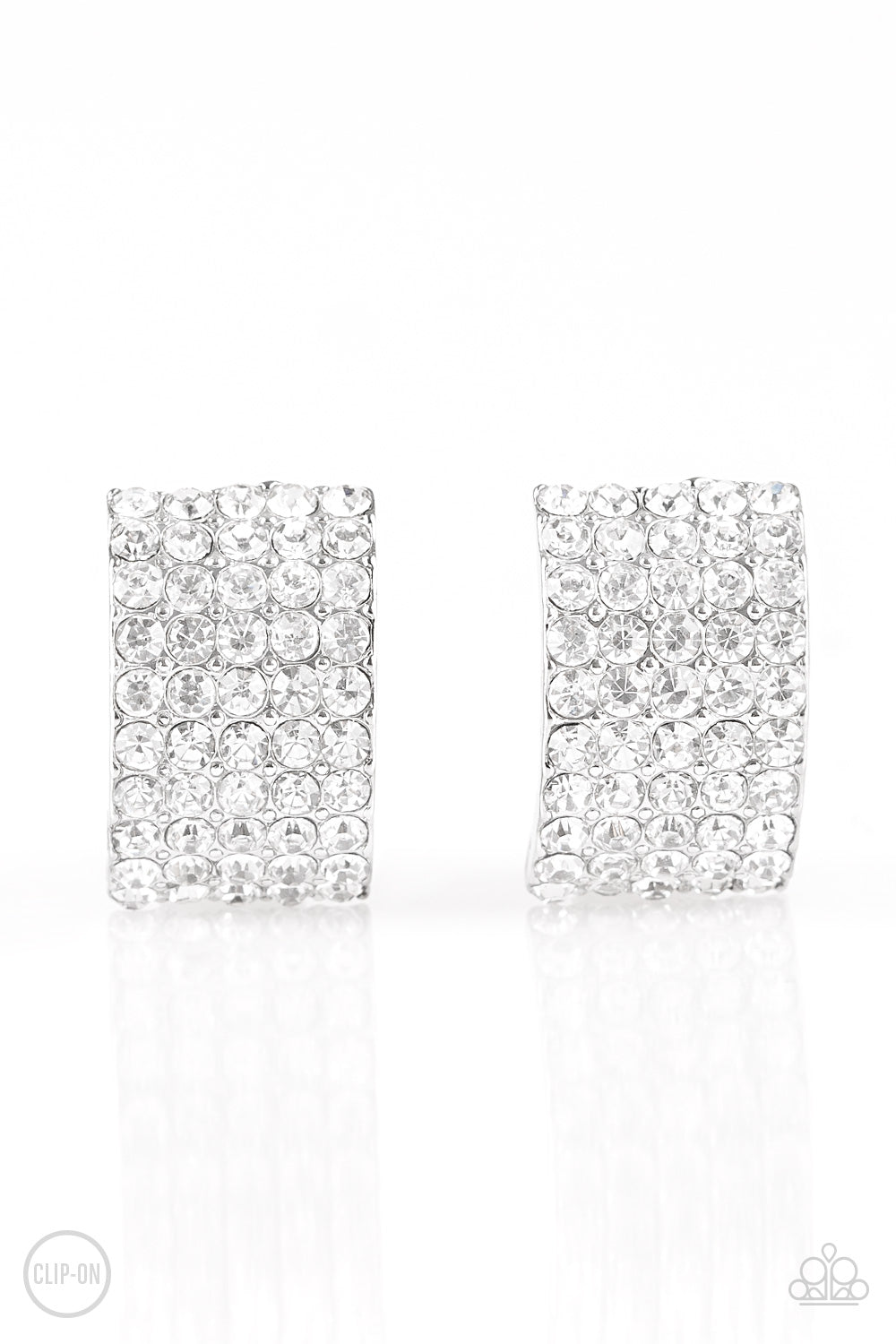Paparazzi Hollywood Hotshot - White Clip-On Rhinestone Earrings - Pusher P