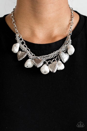 Paparazzi Change Of Heart - White Necklace - Inspirational Jewelry Hearts are inscribed with the phrase "With All My Heart" on one side and a bible verse that reads, "Love the Lord thy God with all your heart. Luke 10:27." Sold as one individual white necklace. Includes one pair of matching earrings.