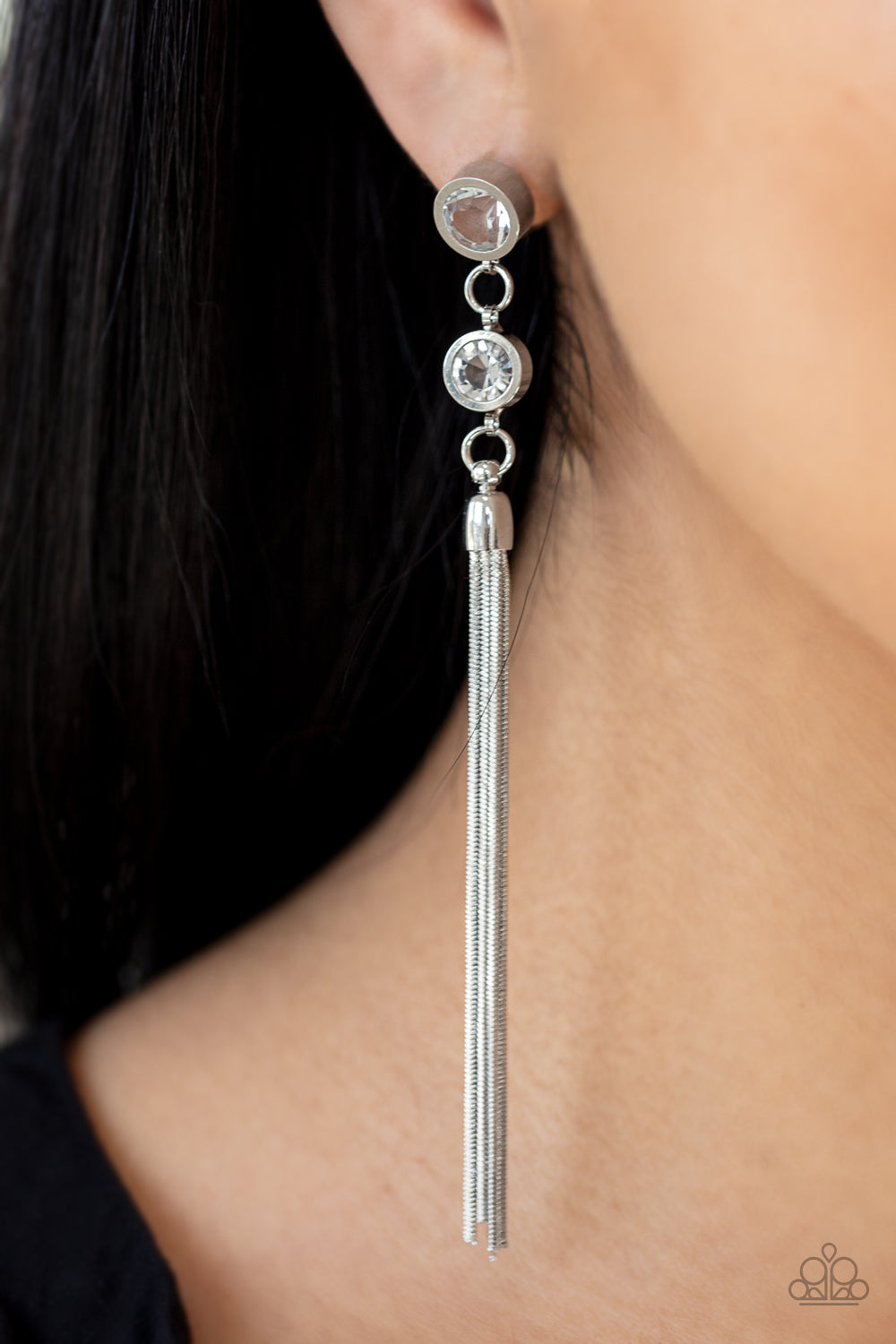Paparazzi Tassel Twinkle - White Rhinestone Earrings - Pusher P