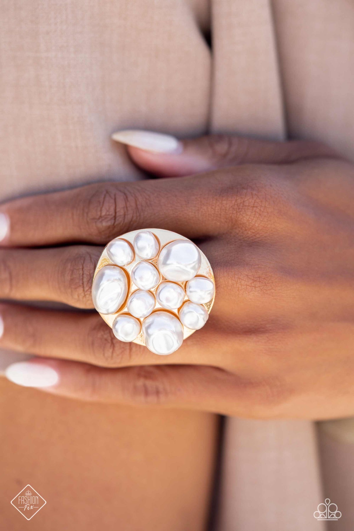 SEA Reason - Gold Ring - August 2023 Fashion Fix - White | Paparazzi Accessories