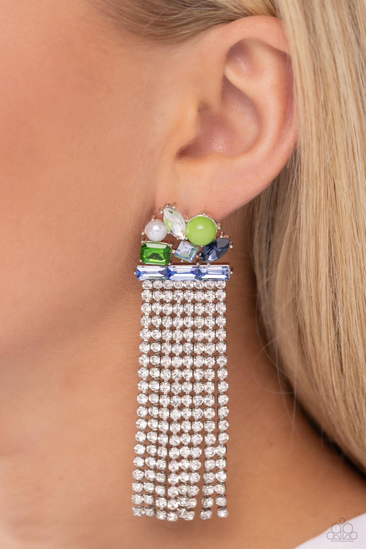 Horizontal Hallmark - Blue Multi Earrings - Silver | Paparazzi Accessories