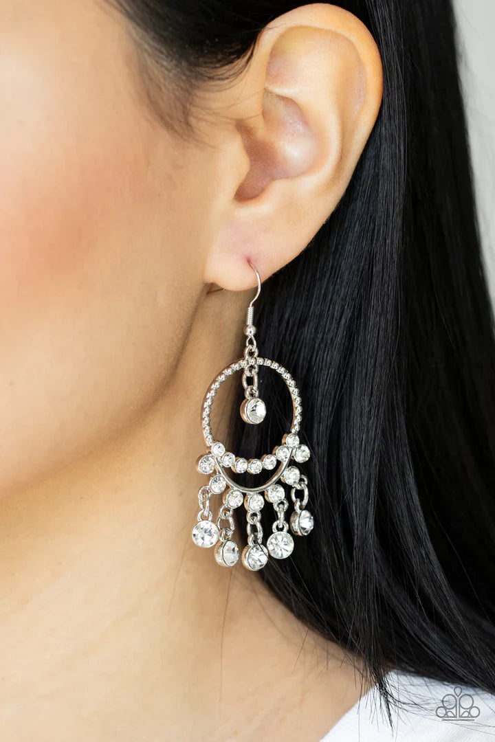 Cosmic Chandeliers - White Earrings | Paparazzi Accessories