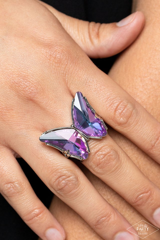 Fluorescent Flutter - Purple Ring - Life of the Party Black Diamond | Paparazzi Accessories