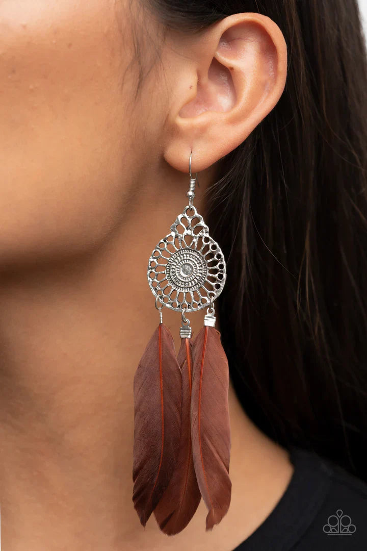 Pretty In Plumes - Brown Earrings - Silver | Paparazzi Accessories