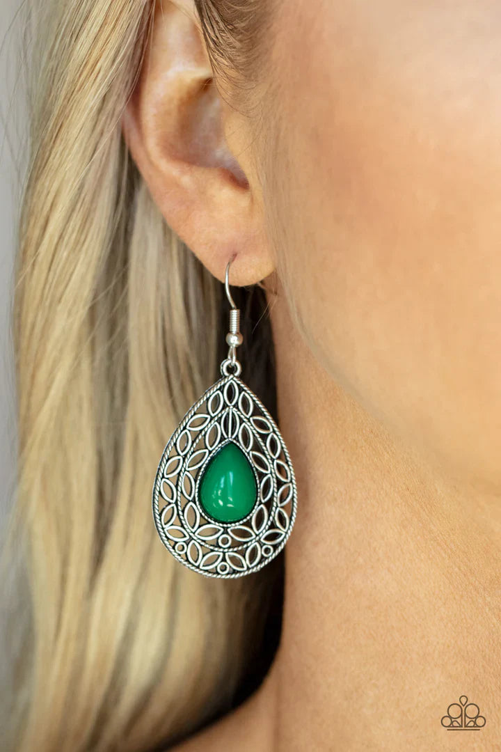 Fanciful Droplets - Green Earring Earrings - Silver | Paparazzi Accessories