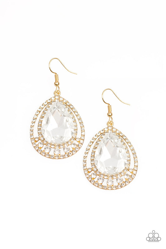 Paparazzi All Rise For Her Majesty - Gold Rhinestone Earrings