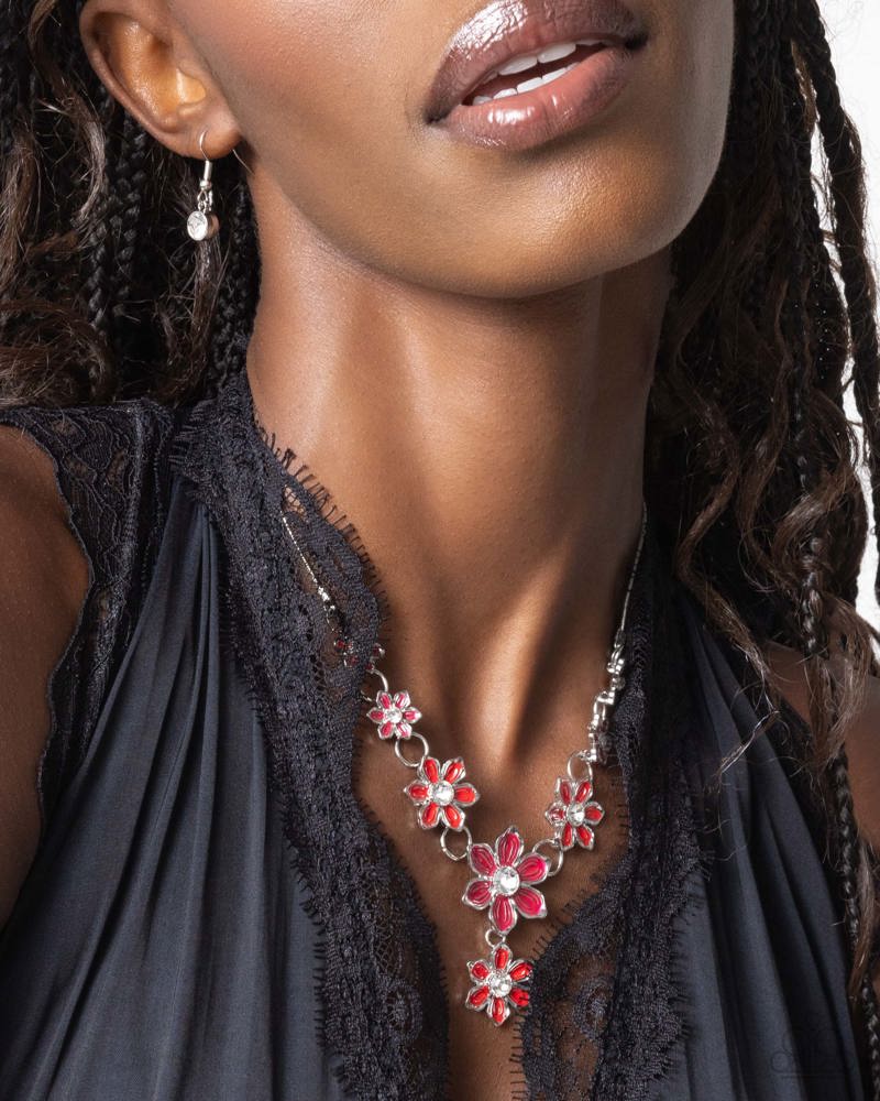 Complete Look - Compatability Chic Necklace and Combatability Charming Bracelet Red Flower Silver 2-Piece Set - Paparazzi