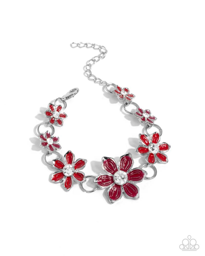 Complete Look - Compatability Chic Necklace and Combatability Charming Bracelet Red Flower Silver 2-Piece Set - Paparazzi