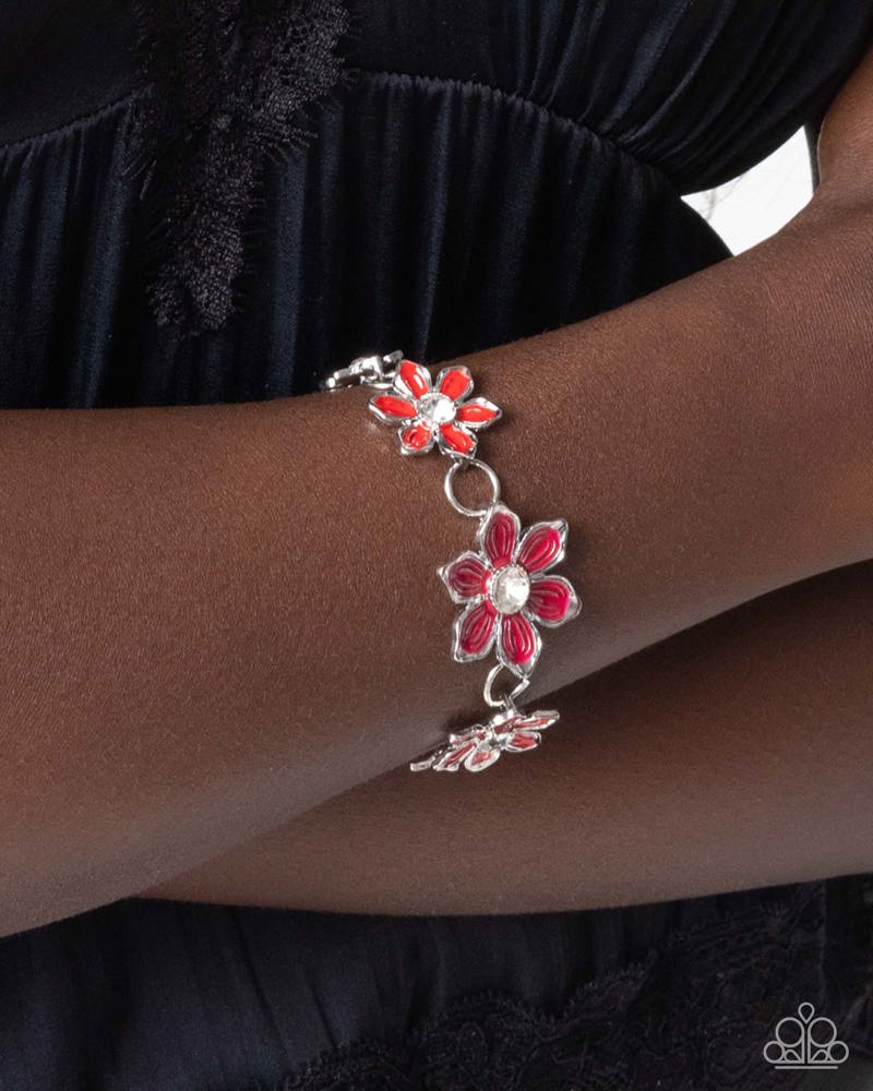 Complete Look - Compatability Chic Necklace and Combatability Charming Bracelet Red Flower Silver 2-Piece Set - Paparazzi