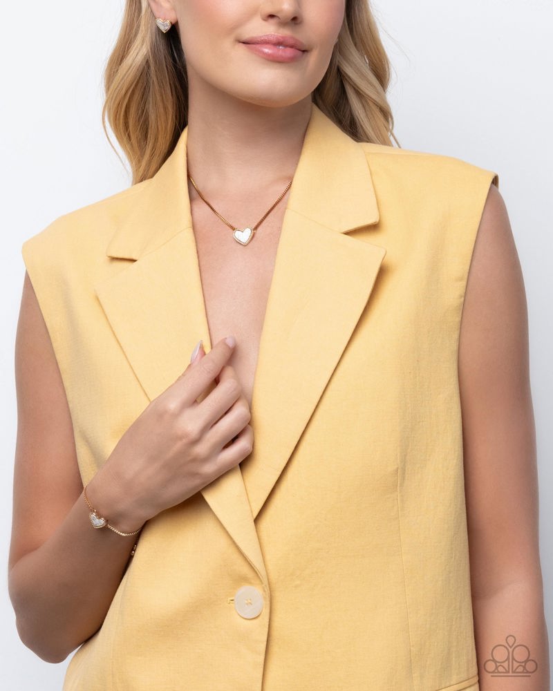 Courting Collection - Complete Look - Gold White Stone Heart 3-Piece Set - Paparazzi