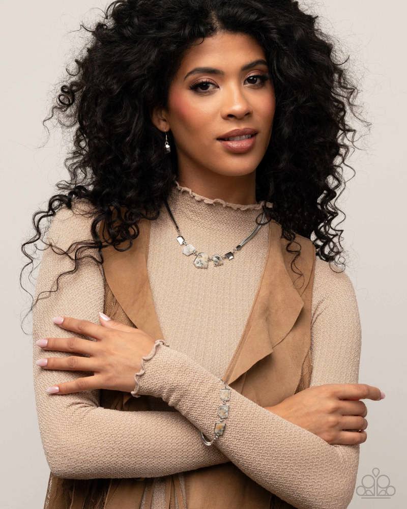 Complete Look - Lined Legacy Necklace and Lined Leisure Bracelet Multi Brown Black Marble Silver 2-Piece Set - Paparazzi