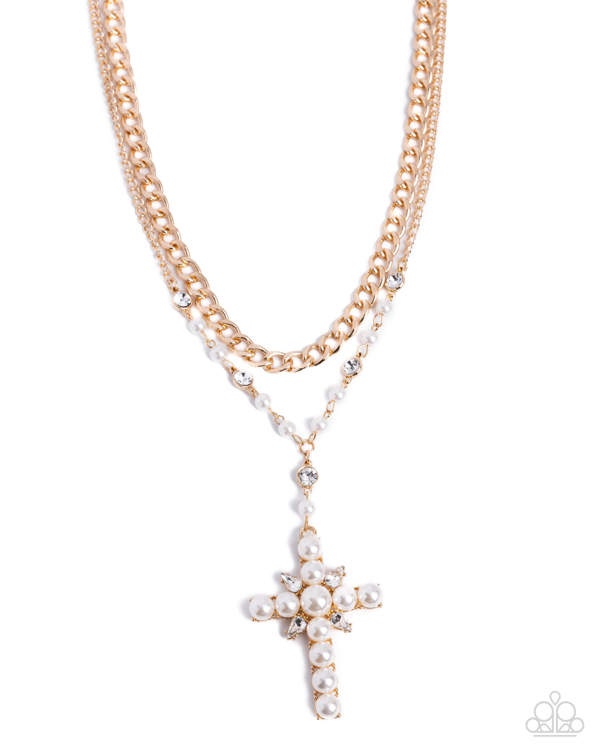 Prayerful Poise - Gold White Pearl Cross Short Necklace - LOP Diamond Trip Early Access Exclusive | Paparazzi Accessories