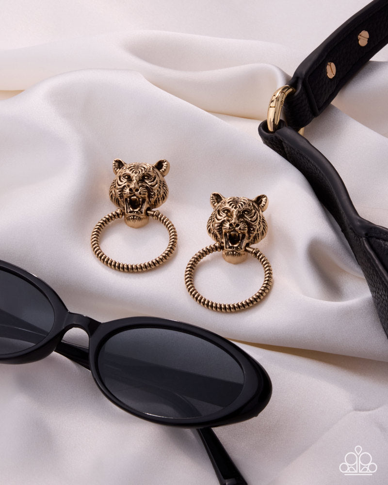 Tangible Tiger - Gold Earrings | Paparazzi Accessories