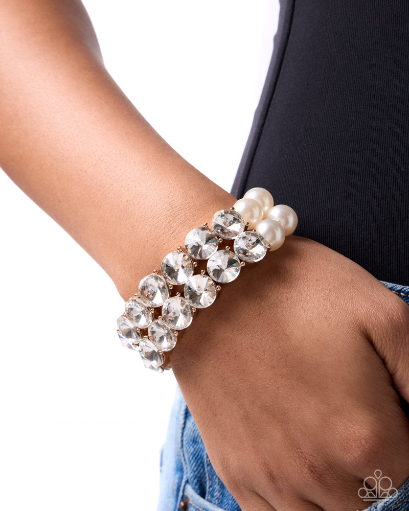 Prestigious Pearls - Gold White Pearl Gem Stretchy Bracelet - LOP Diamond Trip Early Ac | Paparazzi Accessories