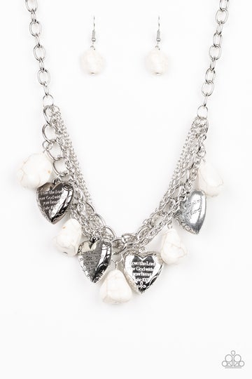 Paparazzi Change Of Heart - White Necklace - Inspirational Jewelry Hearts are inscribed with the phrase "With All My Heart" on one side and a bible verse that reads, "Love the Lord thy God with all your heart. Luke 10:27." Sold as one individual white necklace. Includes one pair of matching earrings.