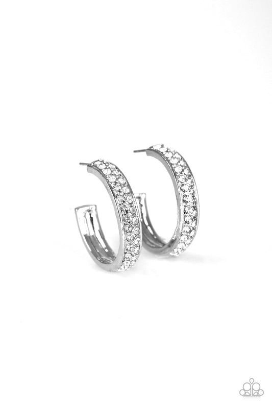 Paparazzi Cash Flow - White Hoop Rhinestone Earrings - Pusher P