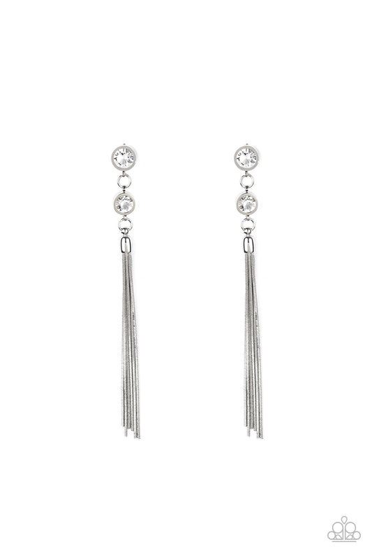 Paparazzi Tassel Twinkle - White Rhinestone Earrings - Pusher P