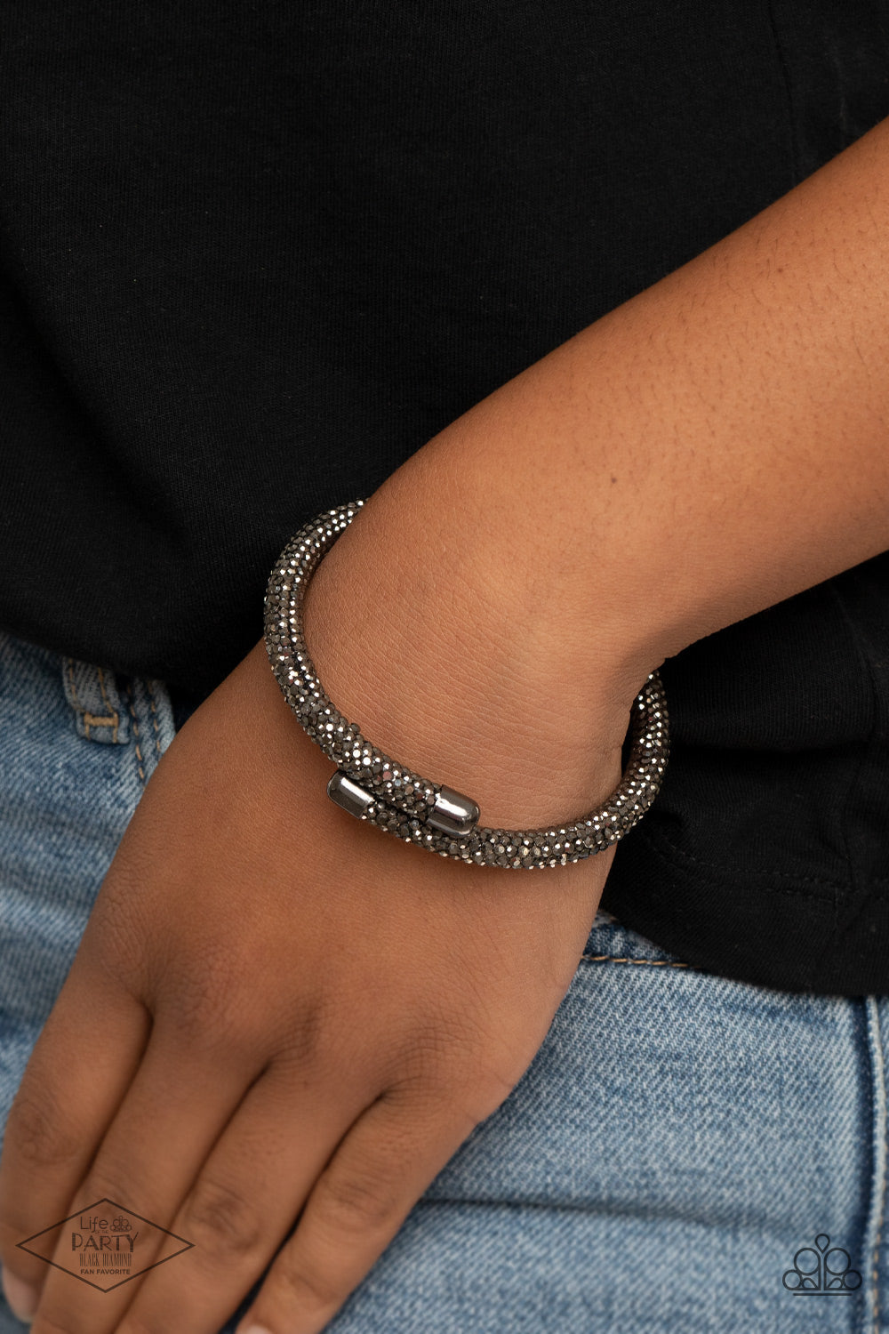 Paparazzi Stageworthy Sparkle - Black Bracelet Pusher P hematite rhinestones. Sold as one individual bracelet. Paparazzi Accessories are all Lead Free and Nickel Free. Interested in becoming a Paparazzi Accessories Consultant? Learn how to make money selling Paparazzi jewelry and accessories.
