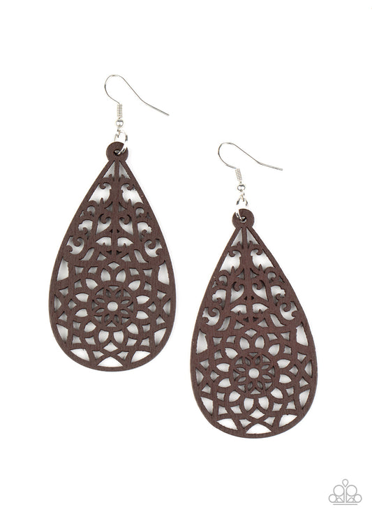 Paparazzi Seaside Sunsets - Brown Wooden Teardrop Earrings - Pusher P