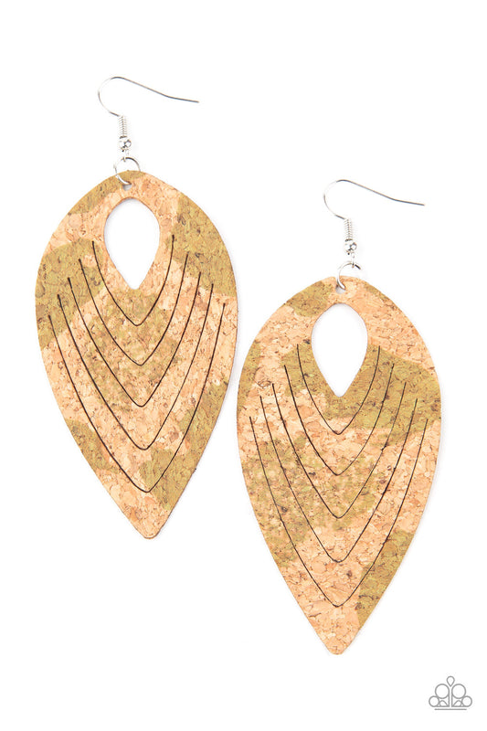 Paparazzi Cork Cabana - Green Teardrop Earrings