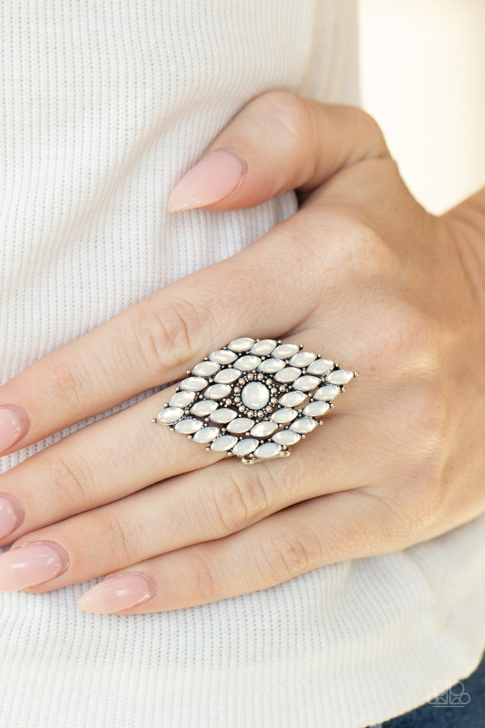 Paparazzi Incandescently Irresistible - White Ring - June 2021 Life Of The Party Exclusive - Pusher P
