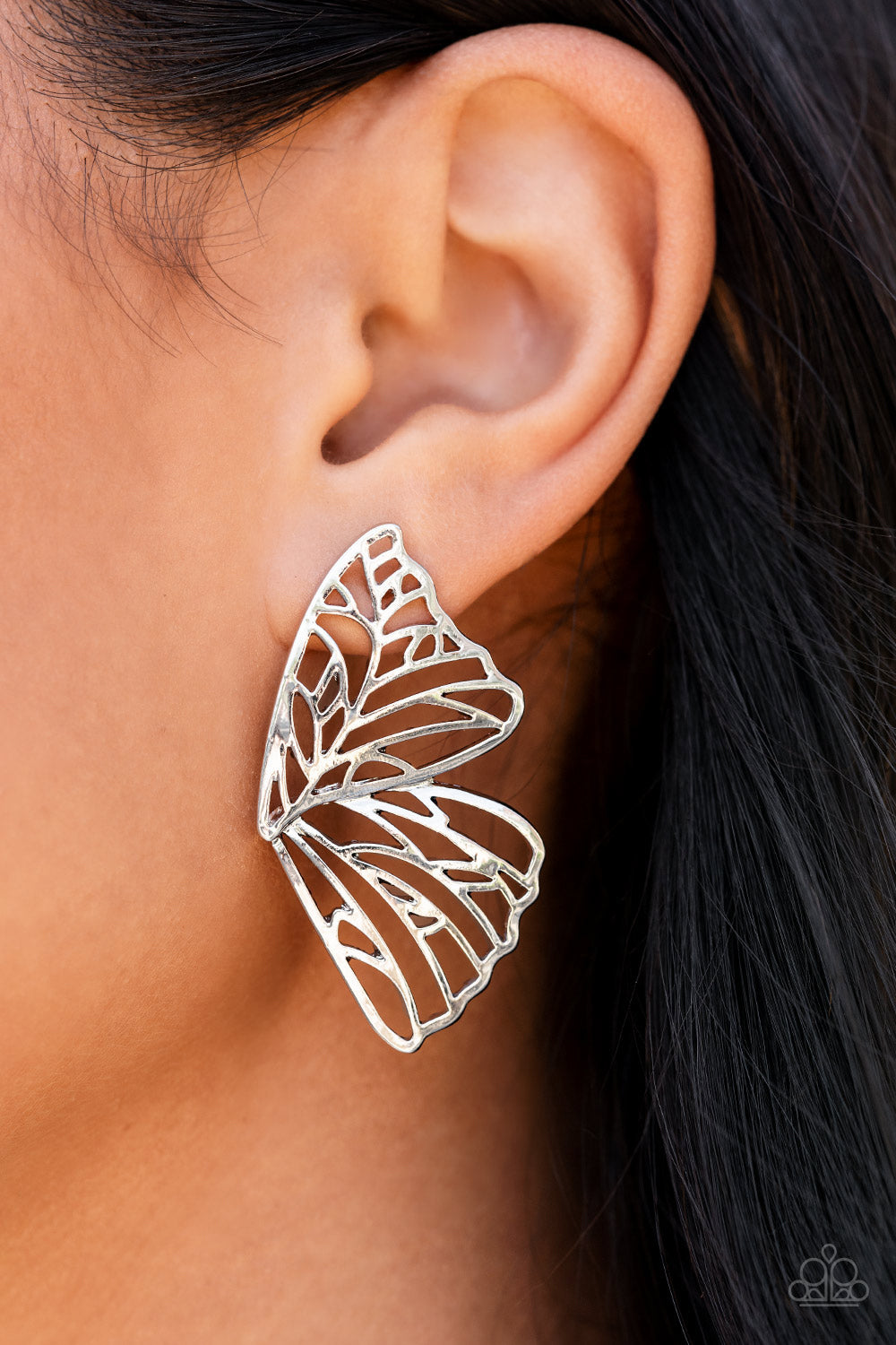 Paparazzi Butterfly Frills- Silver Earrings - August 2021 Life Of The Party Exclusive - Pusher P
