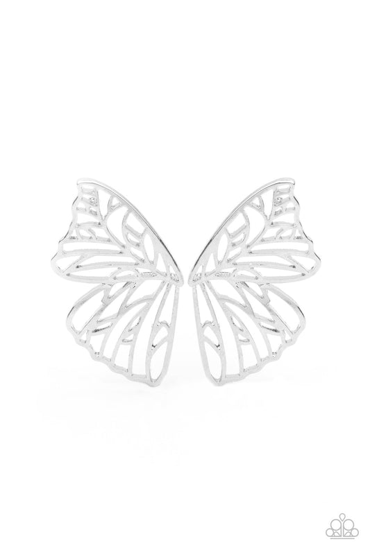 Paparazzi Butterfly Frills- Silver Earrings - August 2021 Life Of The Party Exclusive - Pusher P