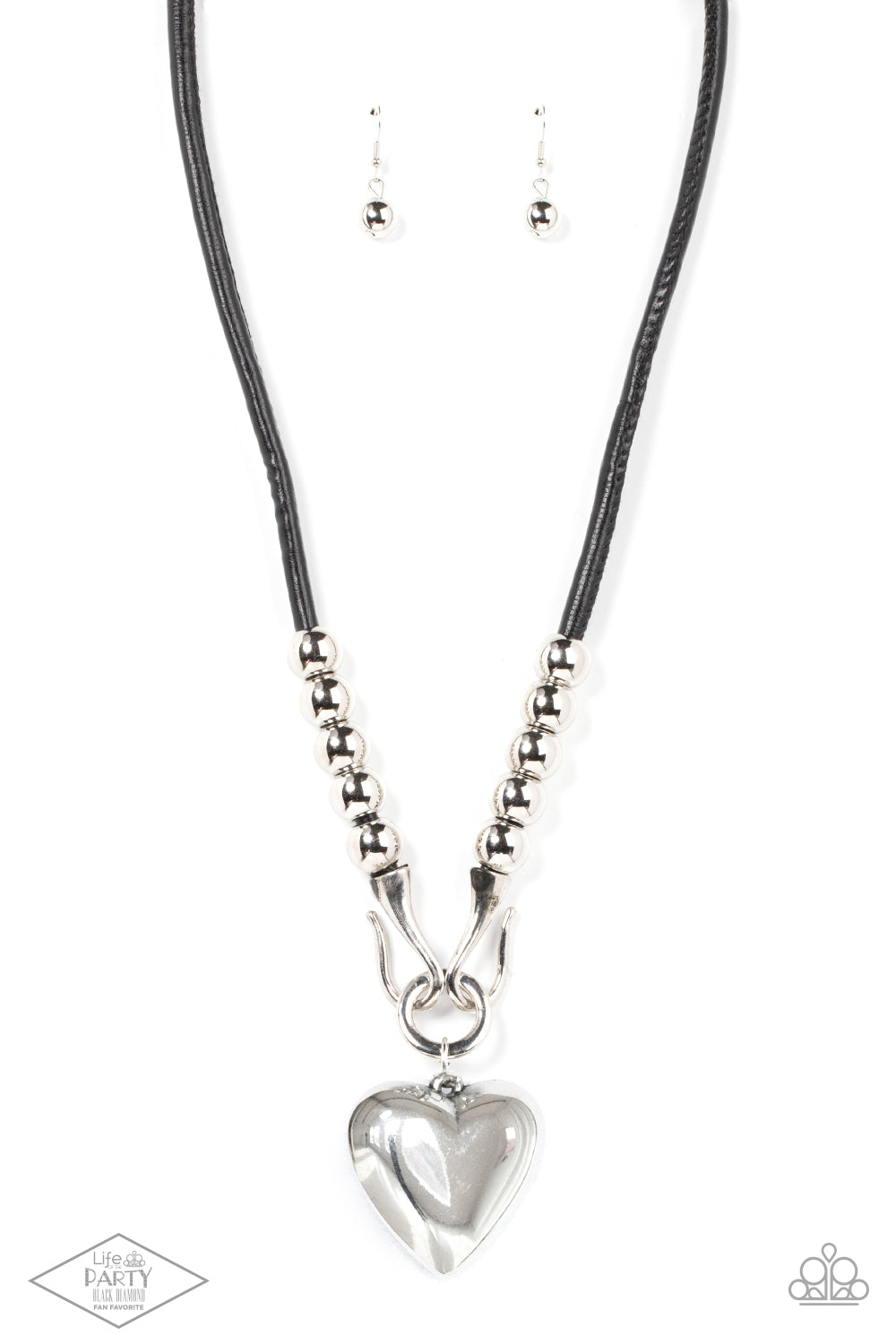 Paparazzi Forbidden Love - Black Necklace - Black Pendant Necklace Chunky silver beads, a silver heart pendant swings from a silver hook-like fittings that attach to a bold leather cord across the chest for a heartbreaker look. Sold as one individual black pendant necklace.