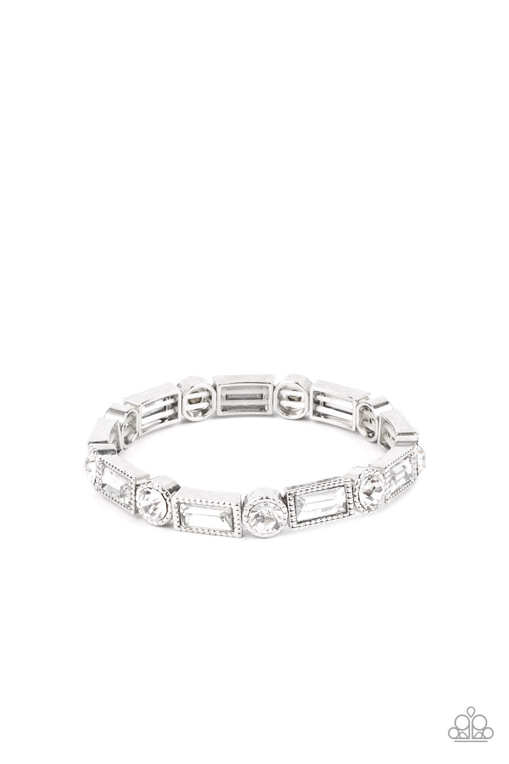 Paparazzi Jewelry Classic Couture - White Bracelet Pusher P Classic round and baguette-cut rhinestones set in shiny dotted silver frames alternate around the wrist on stretchy bands for a shimmering finish. Sold as one individual bracelet.