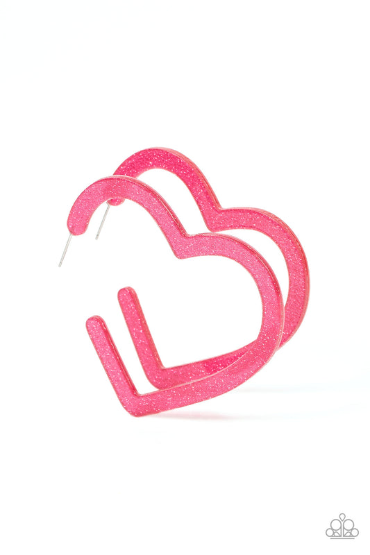 Paparazzi Heart Throbbing Twinkle - Pink Earrings Earring attaches to a post fitting. Hoop measures approximately 2 1/2" in diameter. ​Sold as one pair of pink earrings. $5 dollar jewelry Paparazzi. Free Shipping on orders over $75