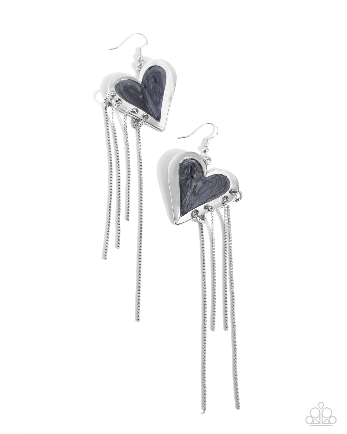 Pair of edgy black fashion earrings with silver heart and cascading box chain strands, perfect for adding a touch of sophistication to any outfit.