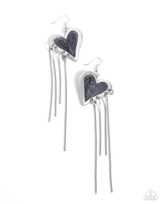 Pair of edgy black fashion earrings with silver heart and cascading box chain strands, perfect for adding a touch of sophistication to any outfit.