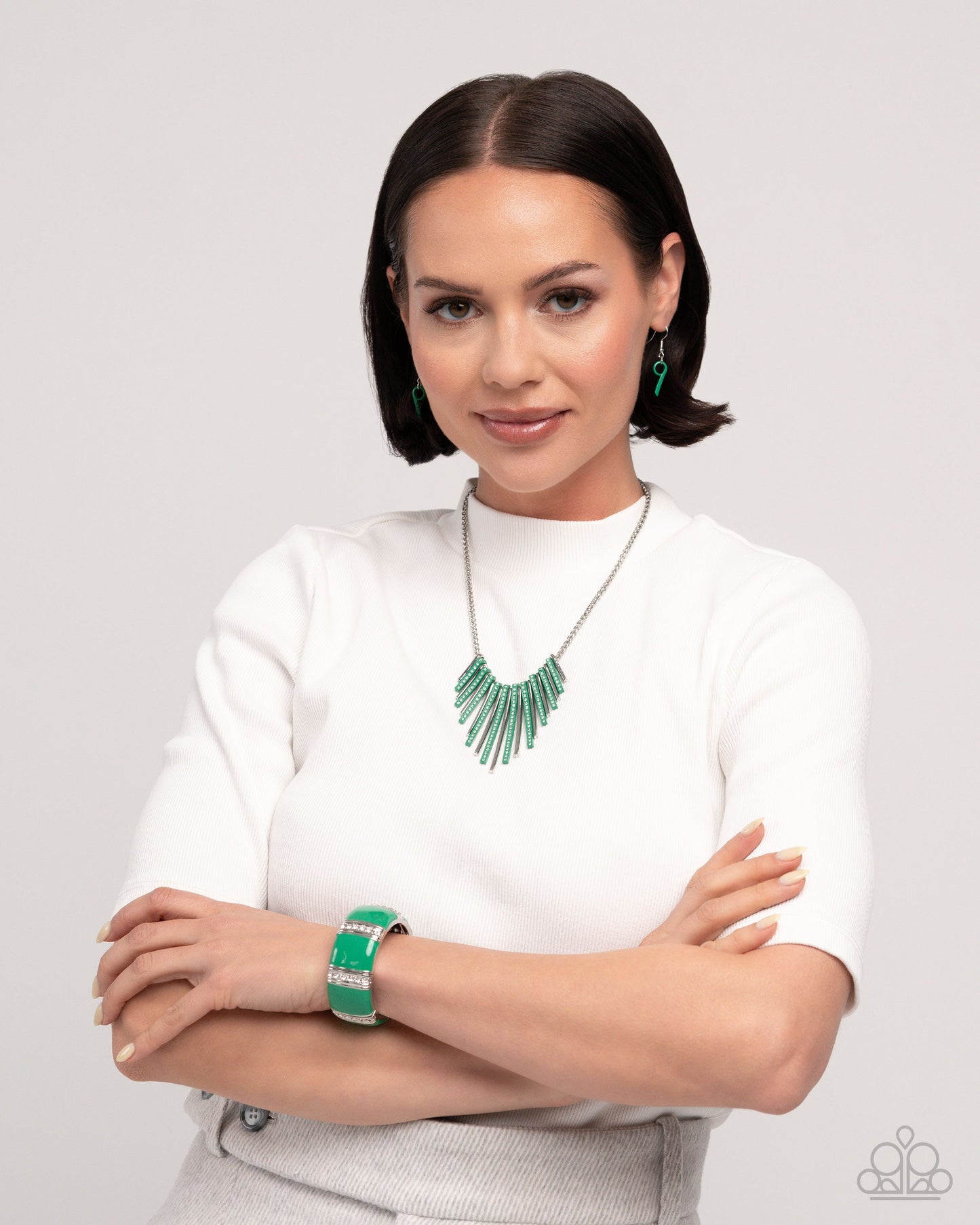 Fashionable Fringe Necklace & Colored Cameo Bracelet - Green Set 2 Pieces