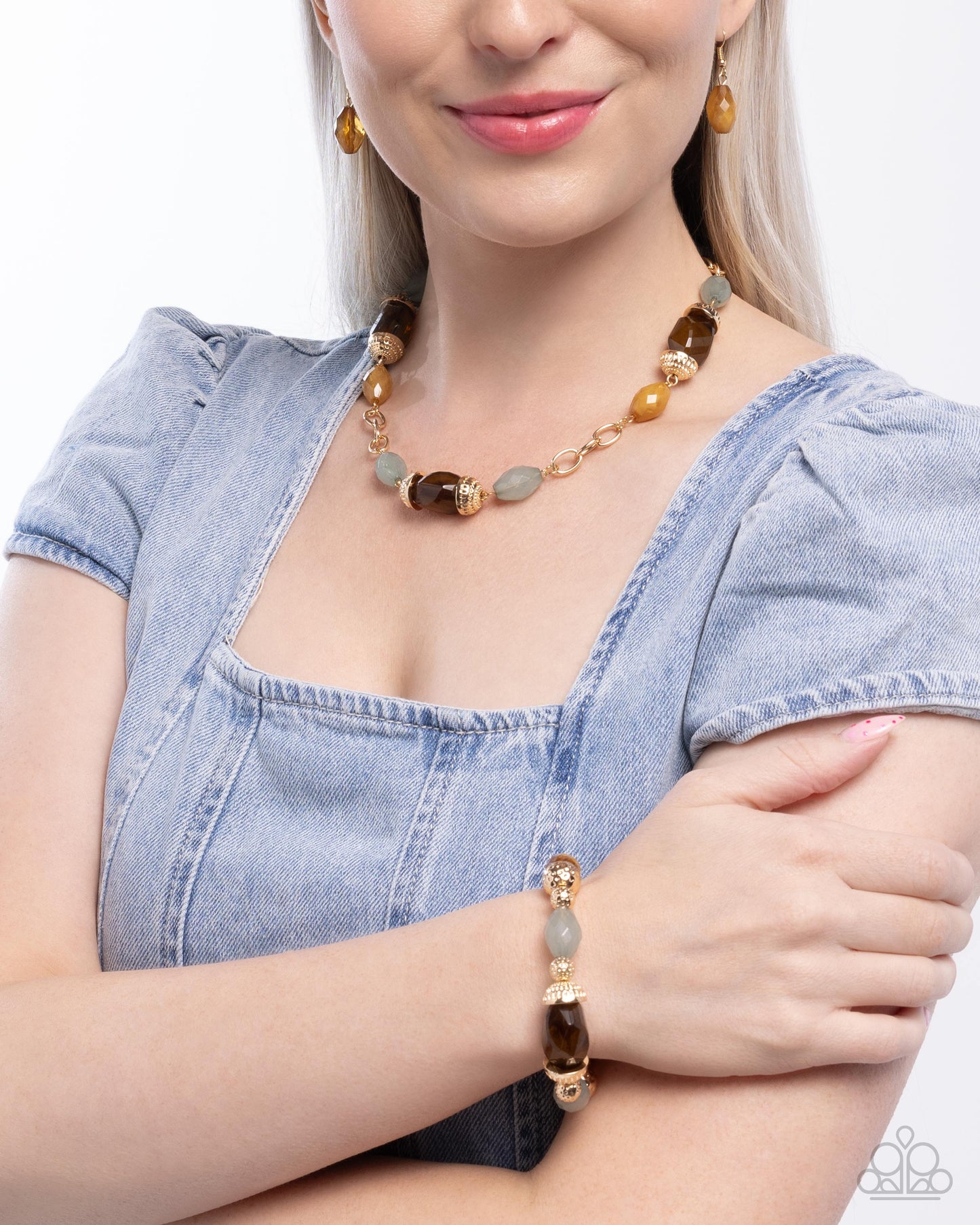Complete Look - Beauty Culture Brown Green Gold Necklace and Sturdy Season Stretchy Bracelet - 2-Piece Set - Paparazzi