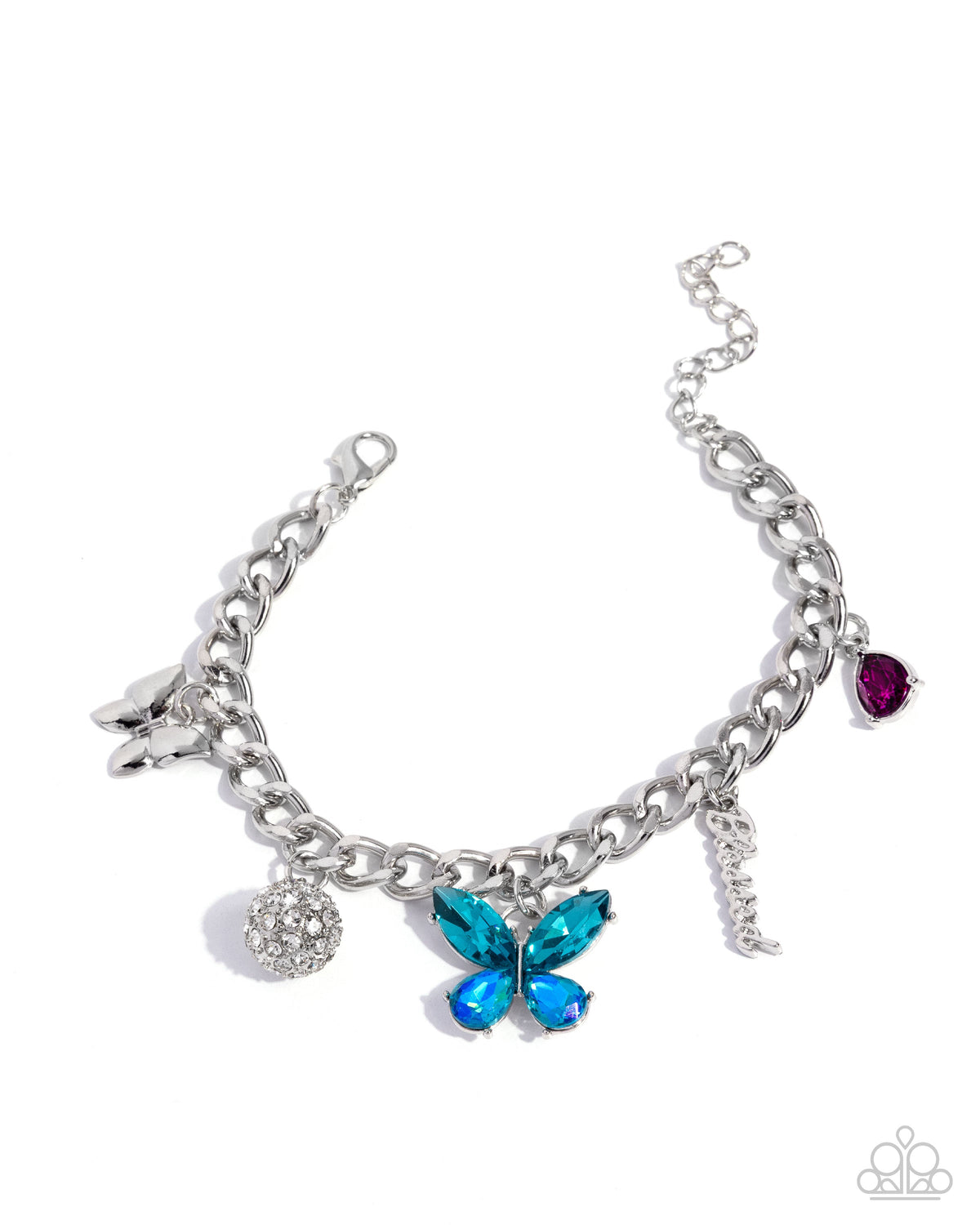 Luminous Lift - Multi Blue Butterfly Pink Gem Blessed Charm Silver Bracelet | Paparazzi Accessories
