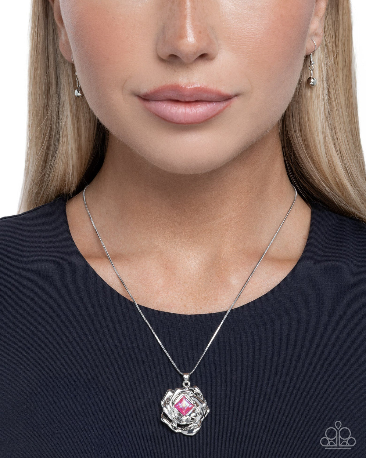 Budding Blaze - Pink Center Silver Rose Short Necklace | Paparazzi Accessories