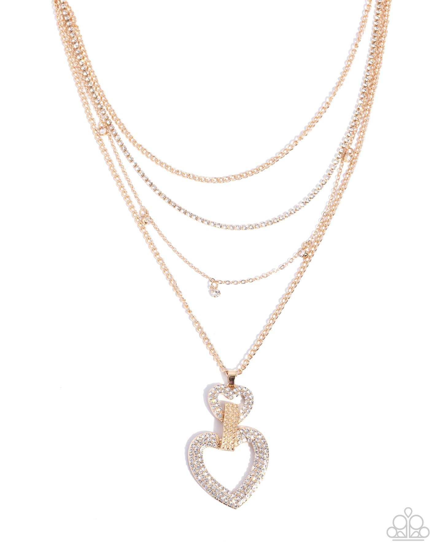 Comfortable Cupid - Gold Heart White Rhinestone Layered Long Necklace - Paparazzi