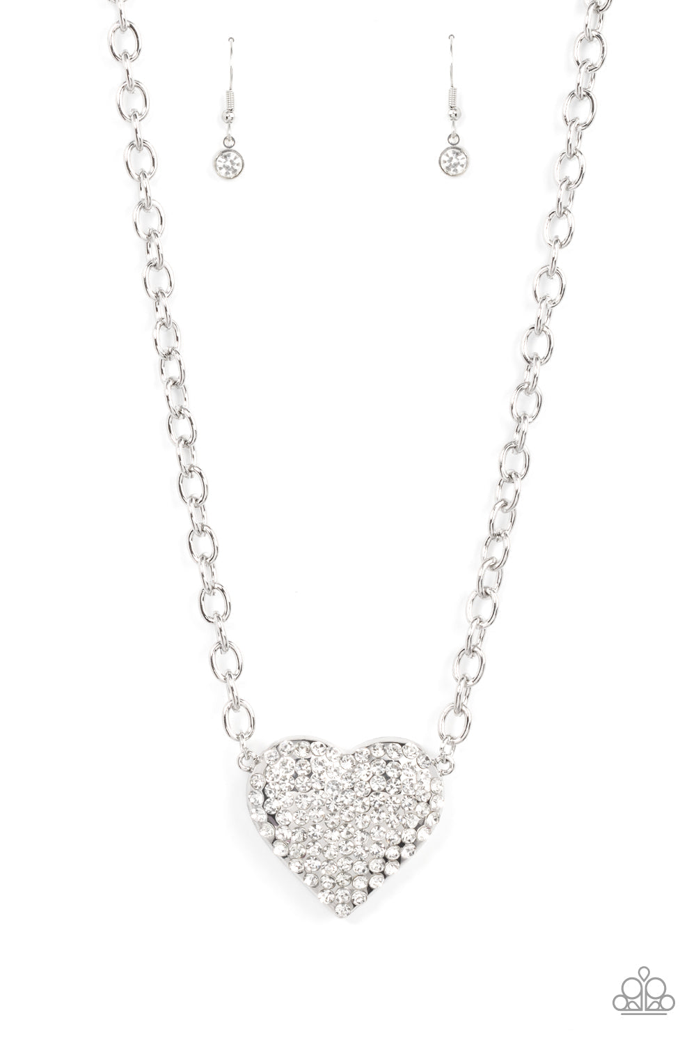 Heartbreakingly Blingy - White Necklace - Life Of The Party Paparazzi Exclusive A oversized silver heart is encrusted in rows of white rhinestones, resulting in heart-racing sparkle. Sold as one individual white necklace. Includes one pair of matching earrings. Free shipping on orders over $75