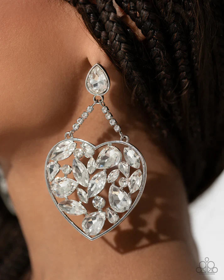 Glittery Gait - White Heart Earrings