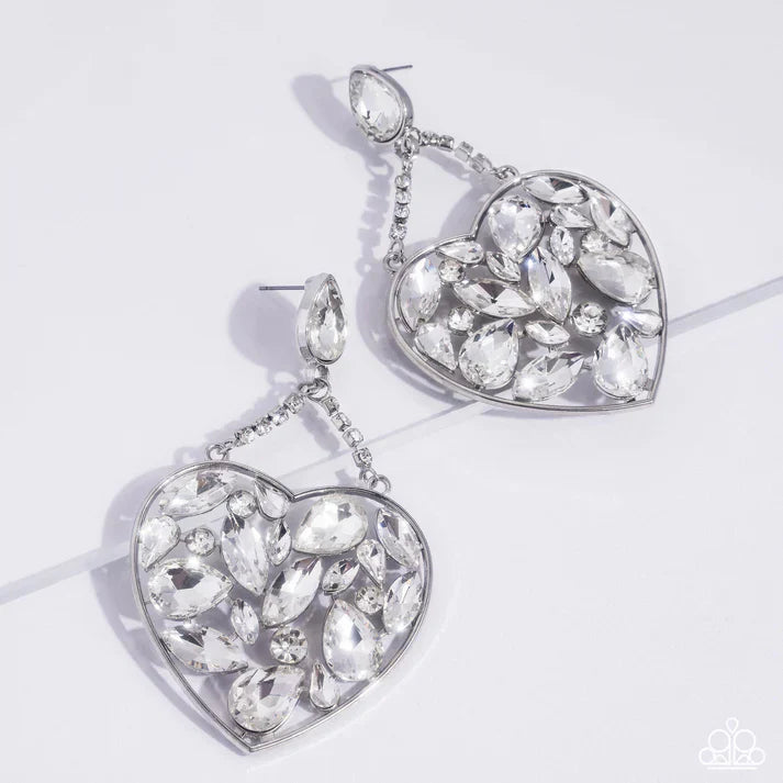 Glittery Gait - White Heart Earrings