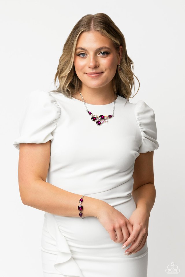 Round Royalty Pink Necklace & Twinkling Trio Pink Bracelet 2 Piece Pink Set