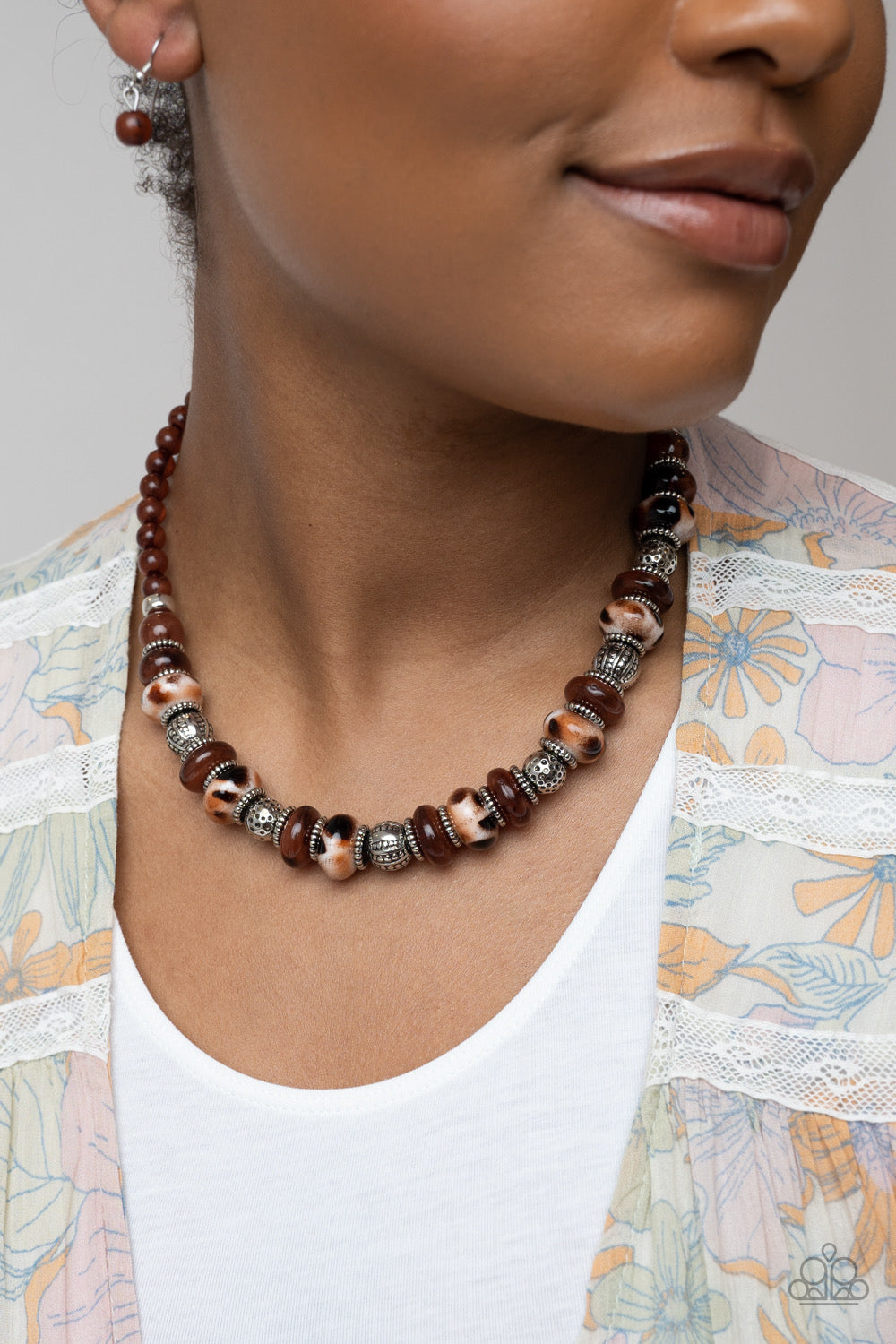 Paparazzi 2pc Set: Warped Whimsicality - Brown Necklace & Warped Wayfarer - Brown Bracelet