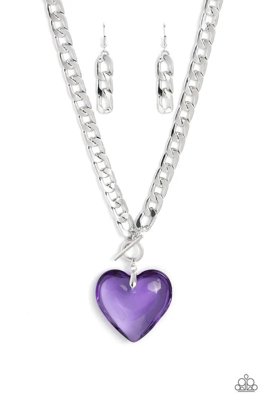Heart Necklace Silver - Paparazzi GLASSY-Hero - Purple Heart Necklace Paparazzi jewelry image
