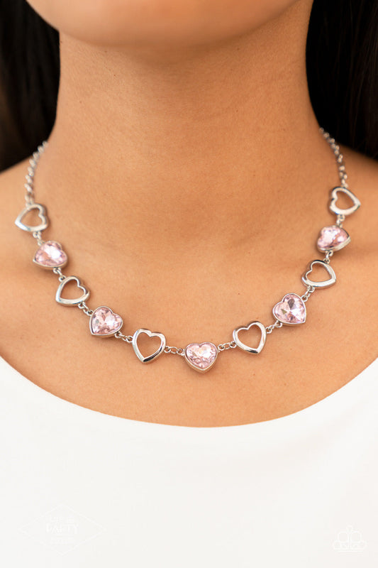 2 Piece Set: Contemporary Cupid - Pink Heart Necklace & Sentimental Sweethearts - Pink Bracelet