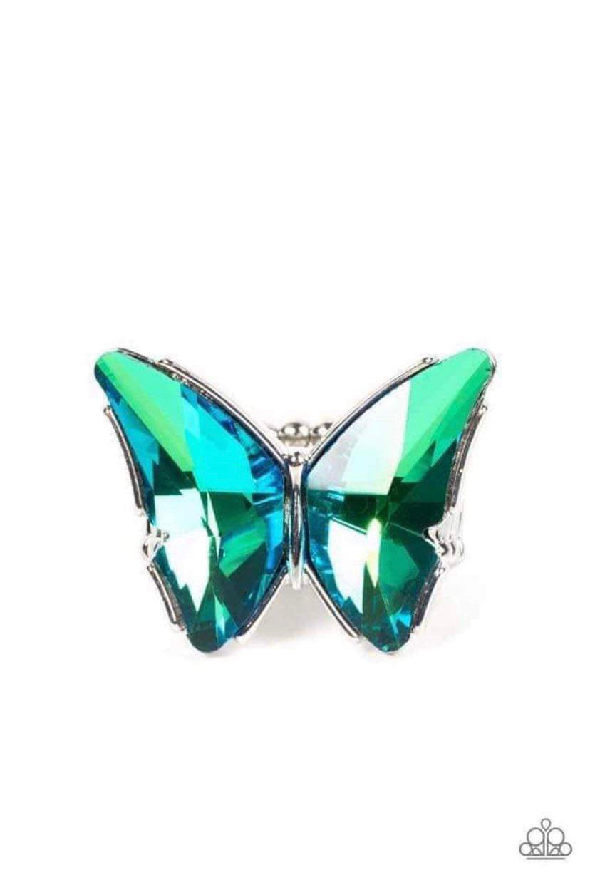 Fluorescent Flutter- Green Butterfly Ring - Pusher P