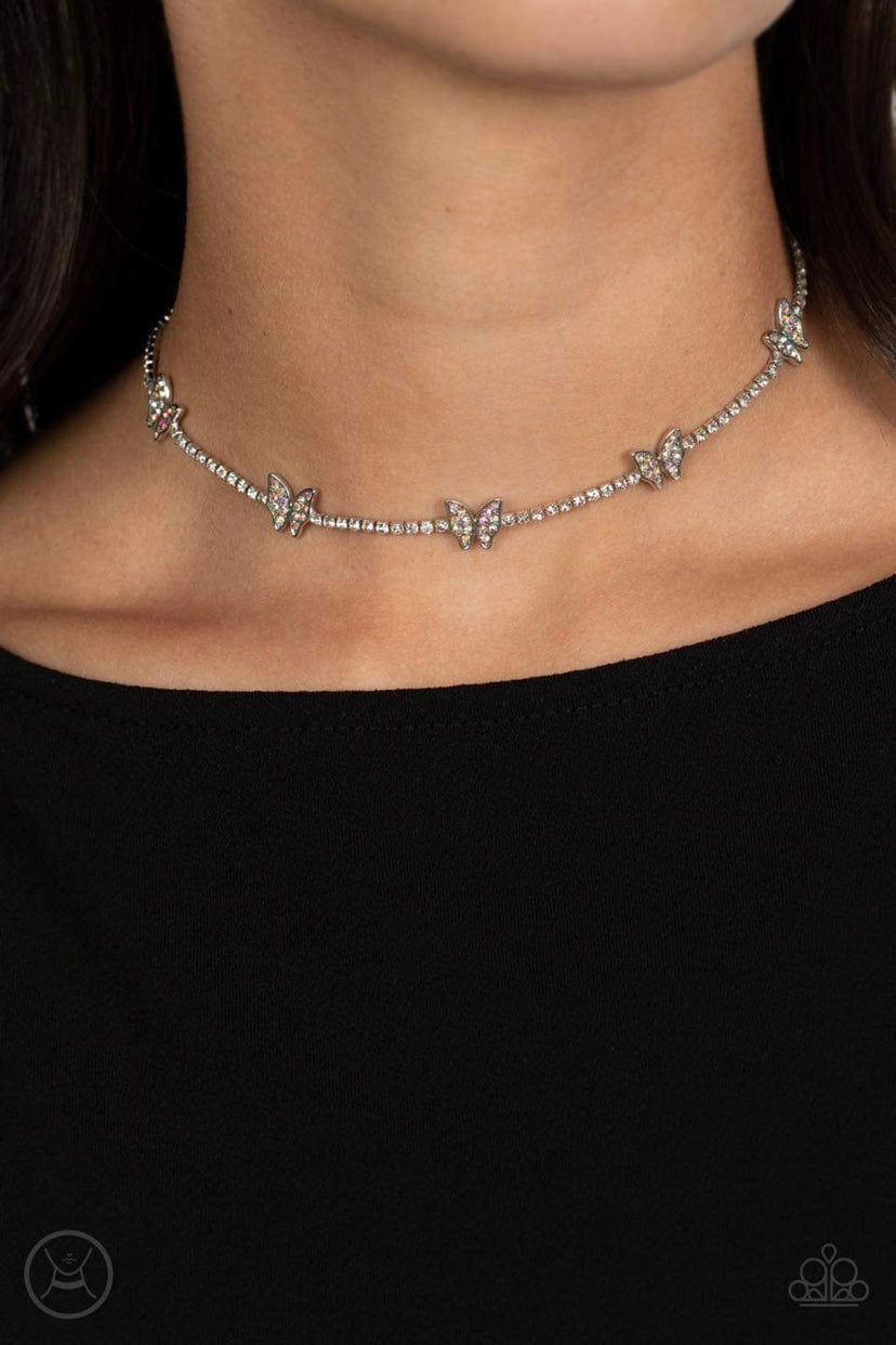 Fluttering Fanatic - Silver Iridescent Butterfly Choker Necklace- Pusher P 2023 Empower Me Pink Exclusive